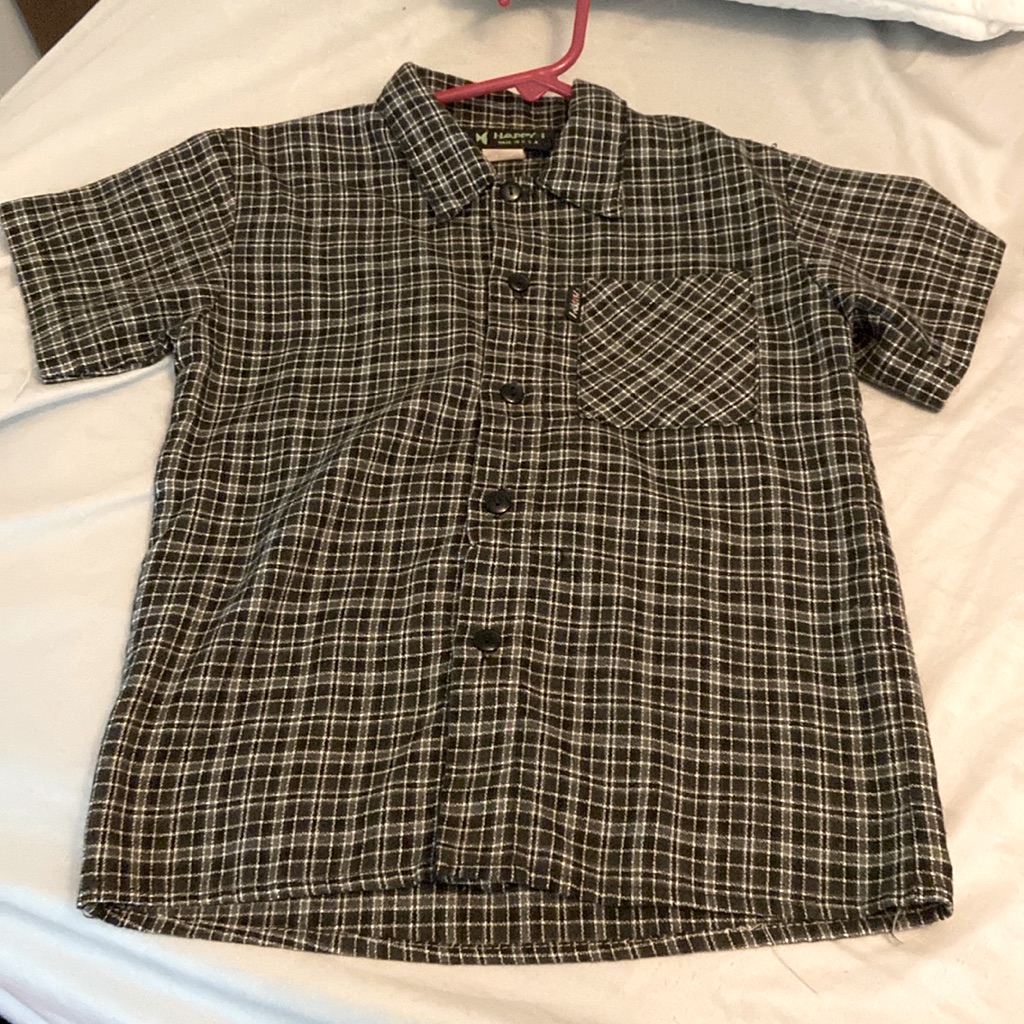 Euc! Boys Size 3/4, Black And Gray, Checkered, Happy-I Button Down Shirt.